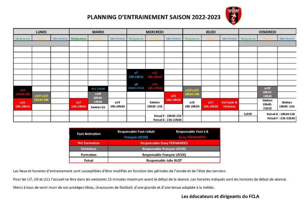 Planning d’entrainement club 2022-2023